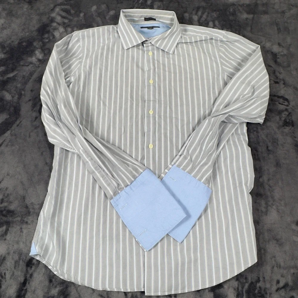 Banana Republic Dress Shirt Mens M 15-15.5 Grey Blue Striped French Cuff‎ Fitted